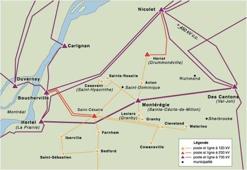 Le réseau d’Hydro-Québec avant le verglas de 1998 et celui après la construction de la boucle montérégienne. Photothèque | Le Courrier ©