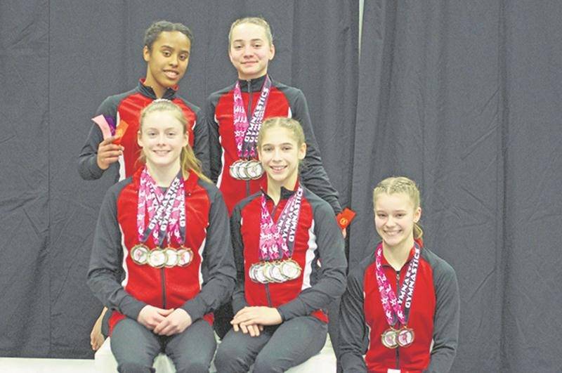 Gymnaska-Voltigeurs a fait le plein de médailles à la deuxième invitation provinciale de gymnastique artistique. Sur la photo, on retrouve, à l’avant, Catherine Maheu, Élizabeth Halde et Florence Brouillard et, à l’arrière, Rosianne Morasse et Marika Roy. Photo Courtoisie